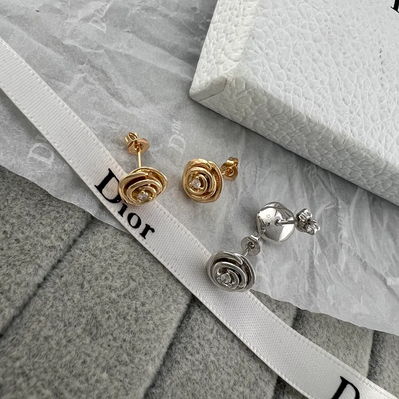 Dior Silver Gold Spiral Rose Motif Pavé-Set Central Stone Earrings 5