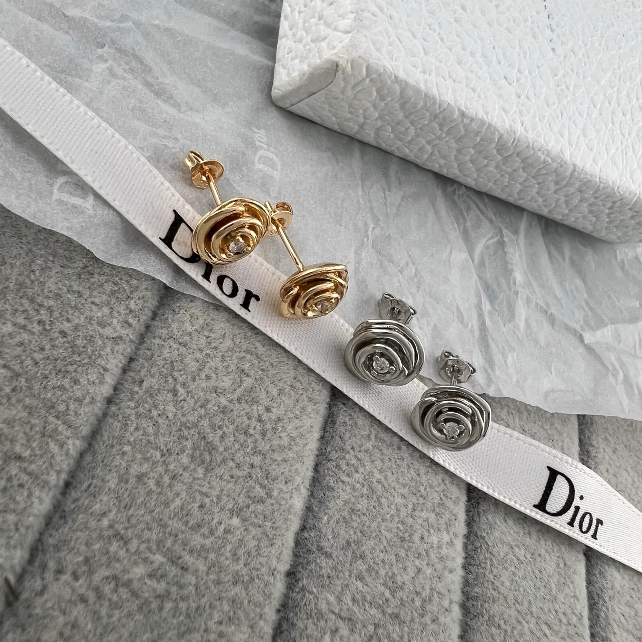 Dior Silver Gold Spiral Rose Motif Pavé-Set Central Stone Earrings 6
