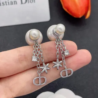 Dior Silver White Pearl-Stud Chain-Dangle Earrings