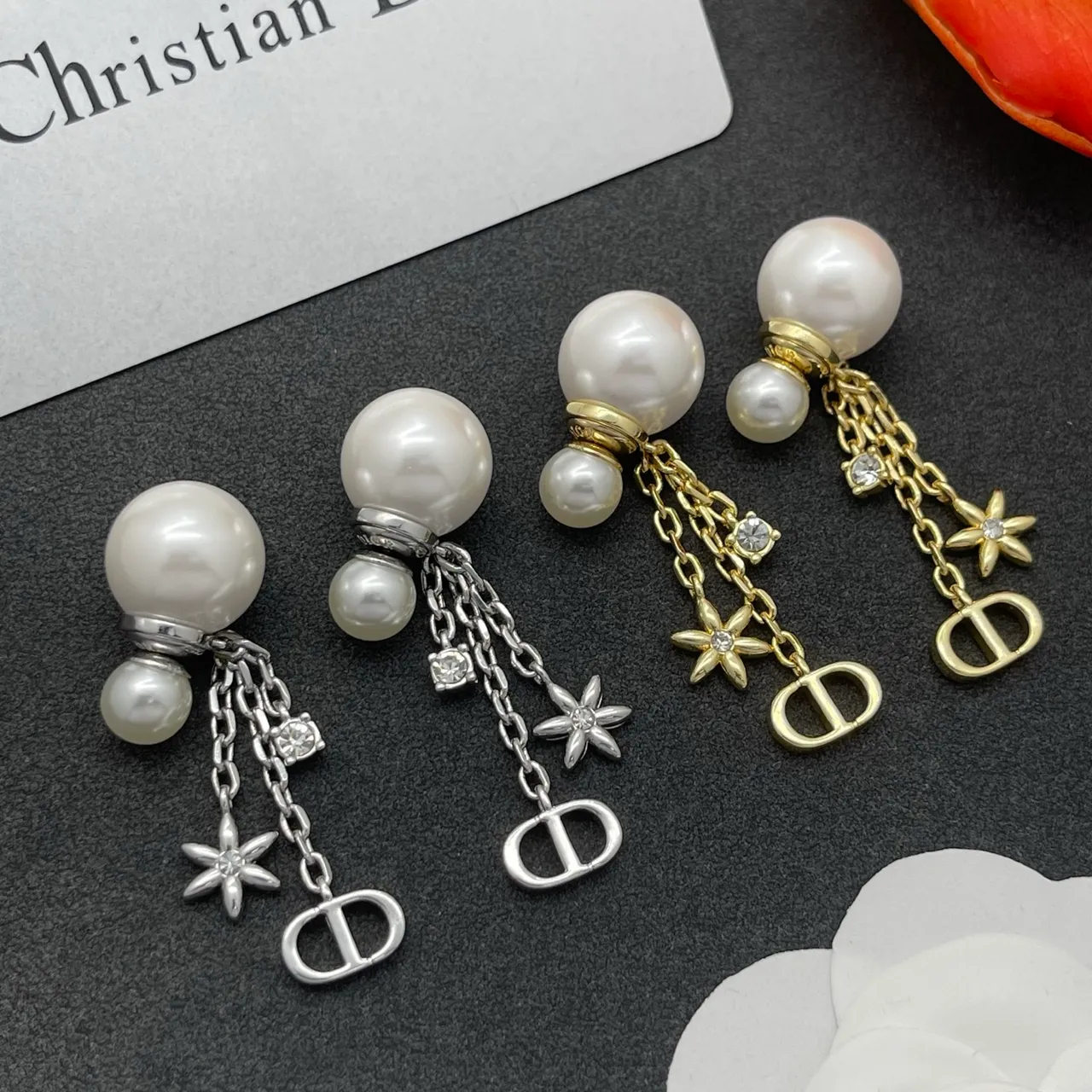 Dior Silver White Pearl-Stud Chain-Dangle Earrings 2