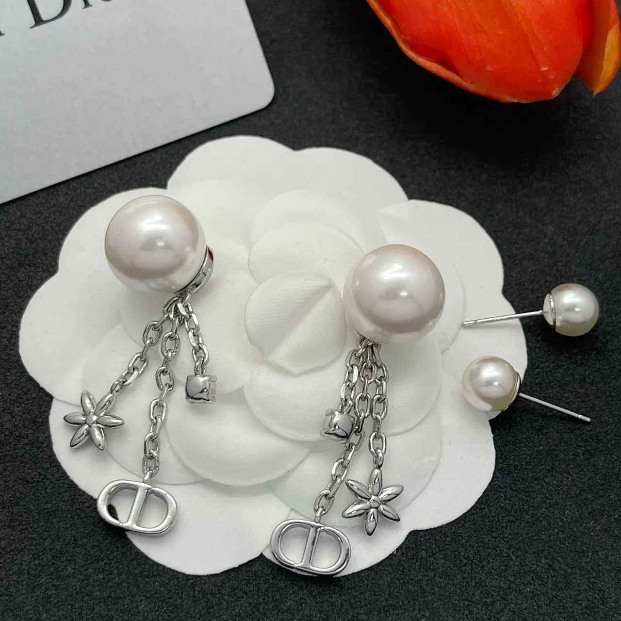 Dior Silver White Pearl-Stud Chain-Dangle Earrings 3