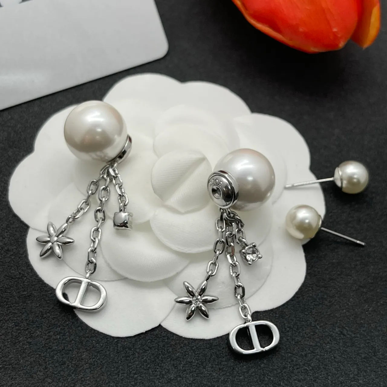 Dior Silver White Pearl-Stud Chain-Dangle Earrings 4