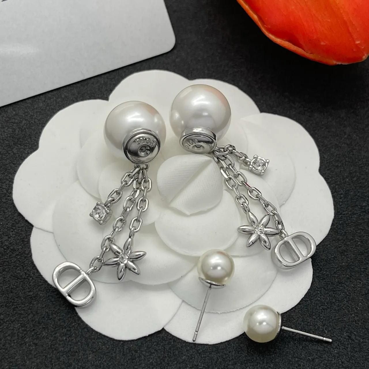 Dior Silver White Pearl-Stud Chain-Dangle Earrings 5