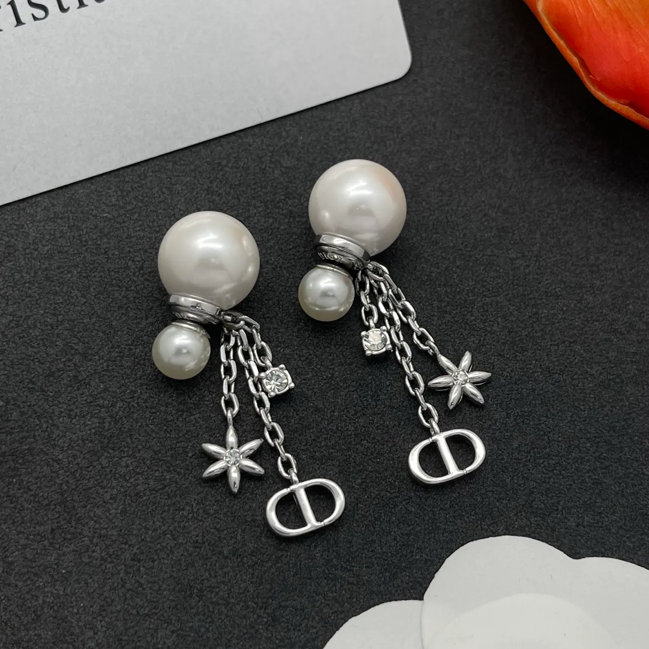 Dior Silver White Pearl-Stud Chain-Dangle Earrings 8