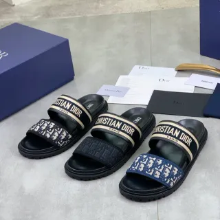 Dior Slide काला बेज डबल स्ट्रैप तिरछा जैकार्ड वेबिंग स्लिपर्स