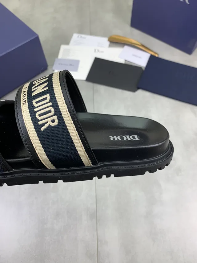 Dior Slide Black Beige Double-Strap Oblique Jacquard Webbing Slippers 4