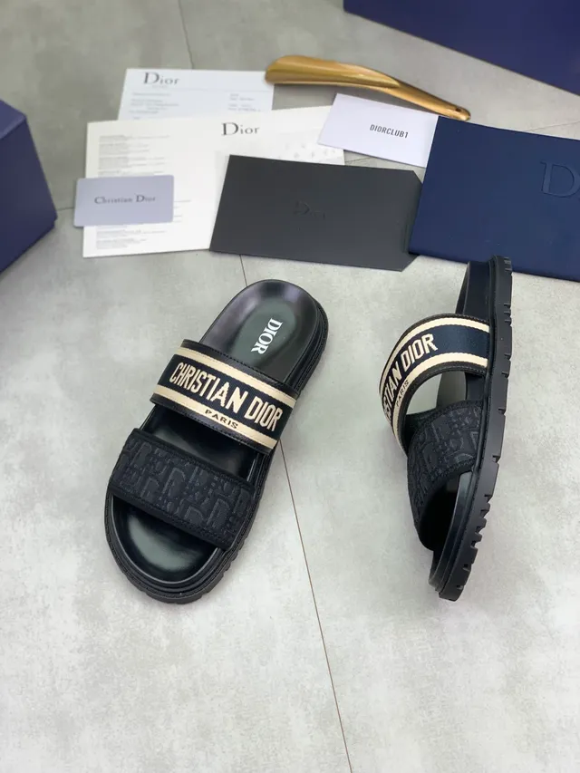 Dior Slide Black Beige Double-Strap Oblique Jacquard Webbing Slippers 5