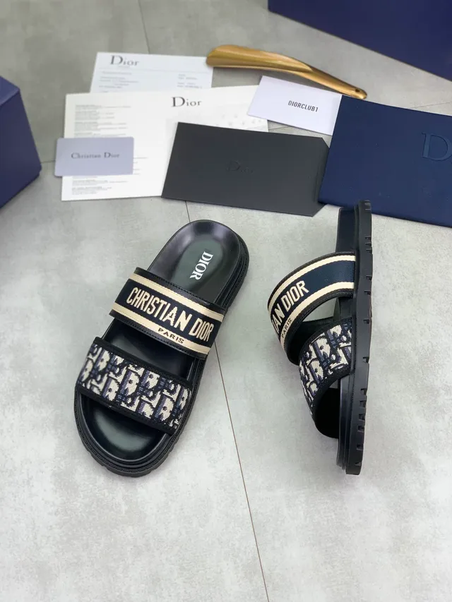 Dior Slide Black Beige Double-Strap Oblique Jacquard Webbing Slippers 6