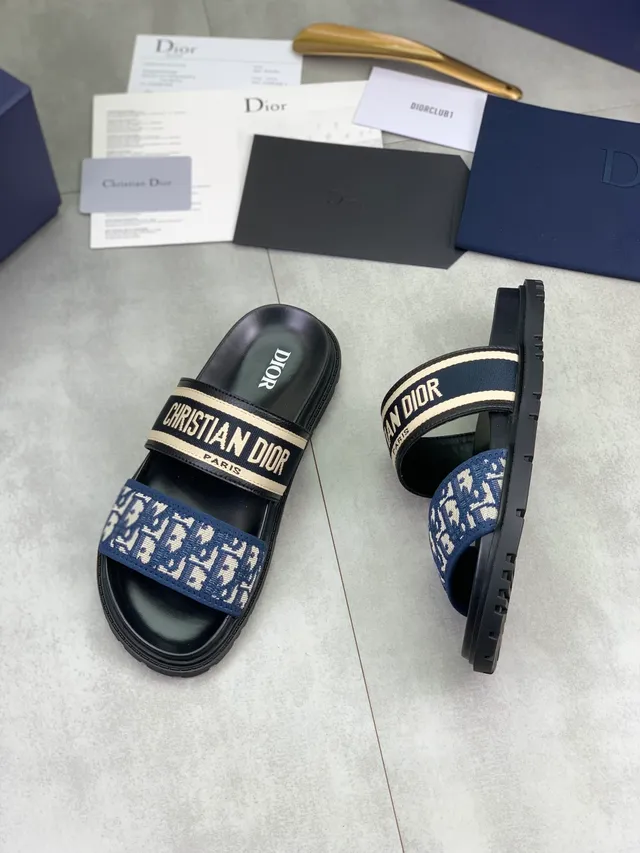 Dior Slide Black Beige Double-Strap Oblique Jacquard Webbing Slippers 7