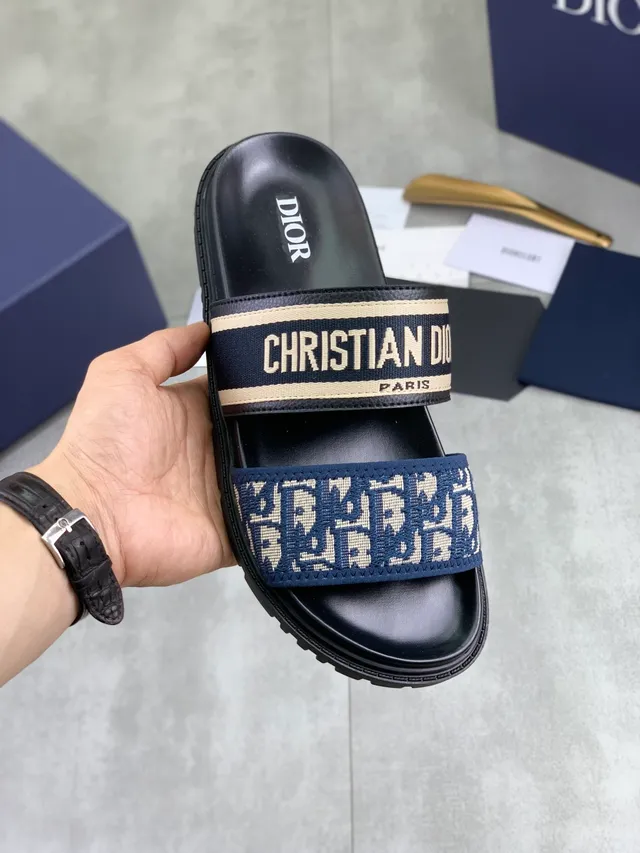 Dior Slide Black Beige Double-Strap Oblique Jacquard Webbing Slippers 8
