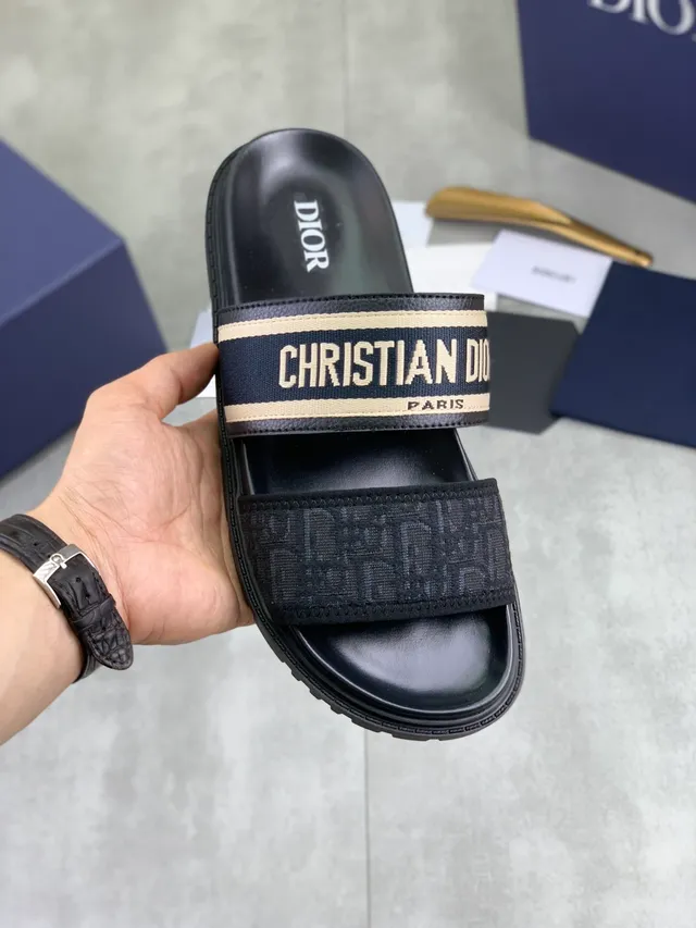 Dior Slide Black Beige Double-Strap Oblique Jacquard Webbing Slippers 9