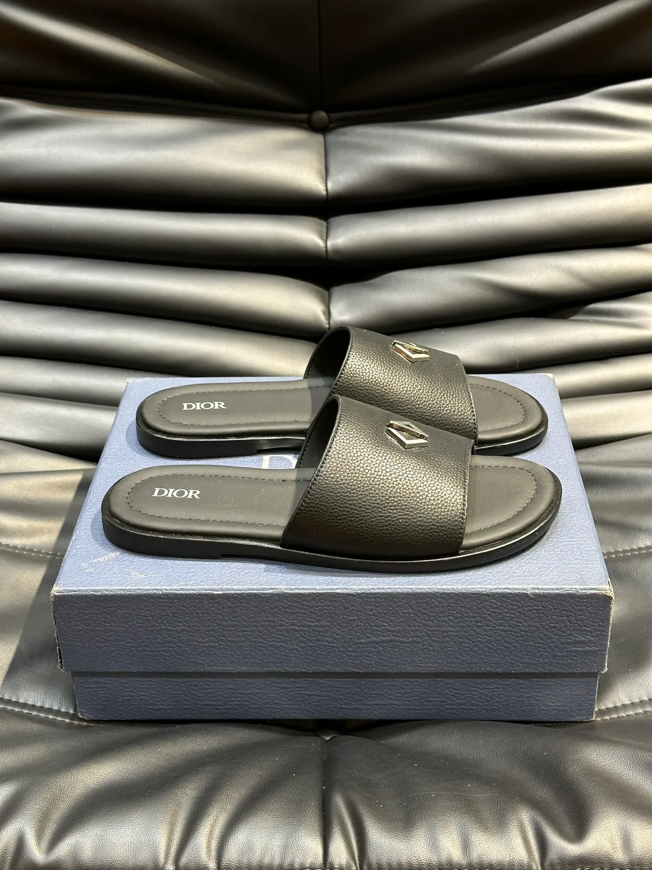 Dior Slide Black Blue Quilted Cannage Leather Metallic CD Logo Slippers 3