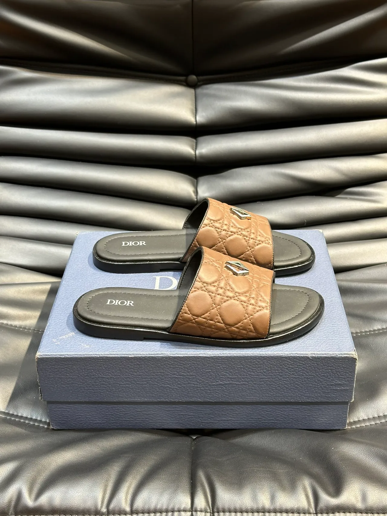 Dior Slide Black Blue Quilted Cannage Leather Metallic CD Logo Slippers 4