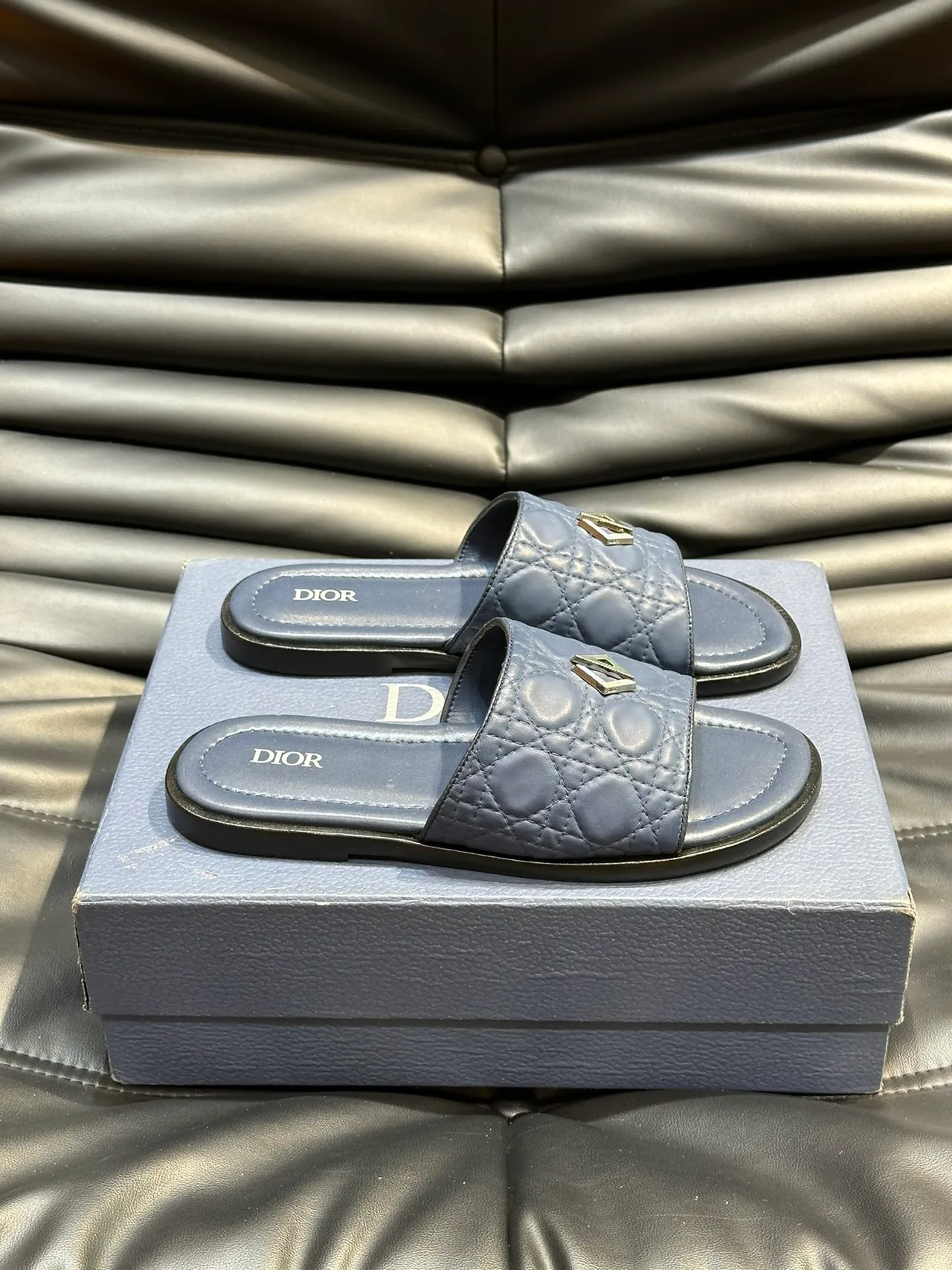 Dior Slide Black Blue Quilted Cannage Leather Metallic CD Logo Slippers 5
