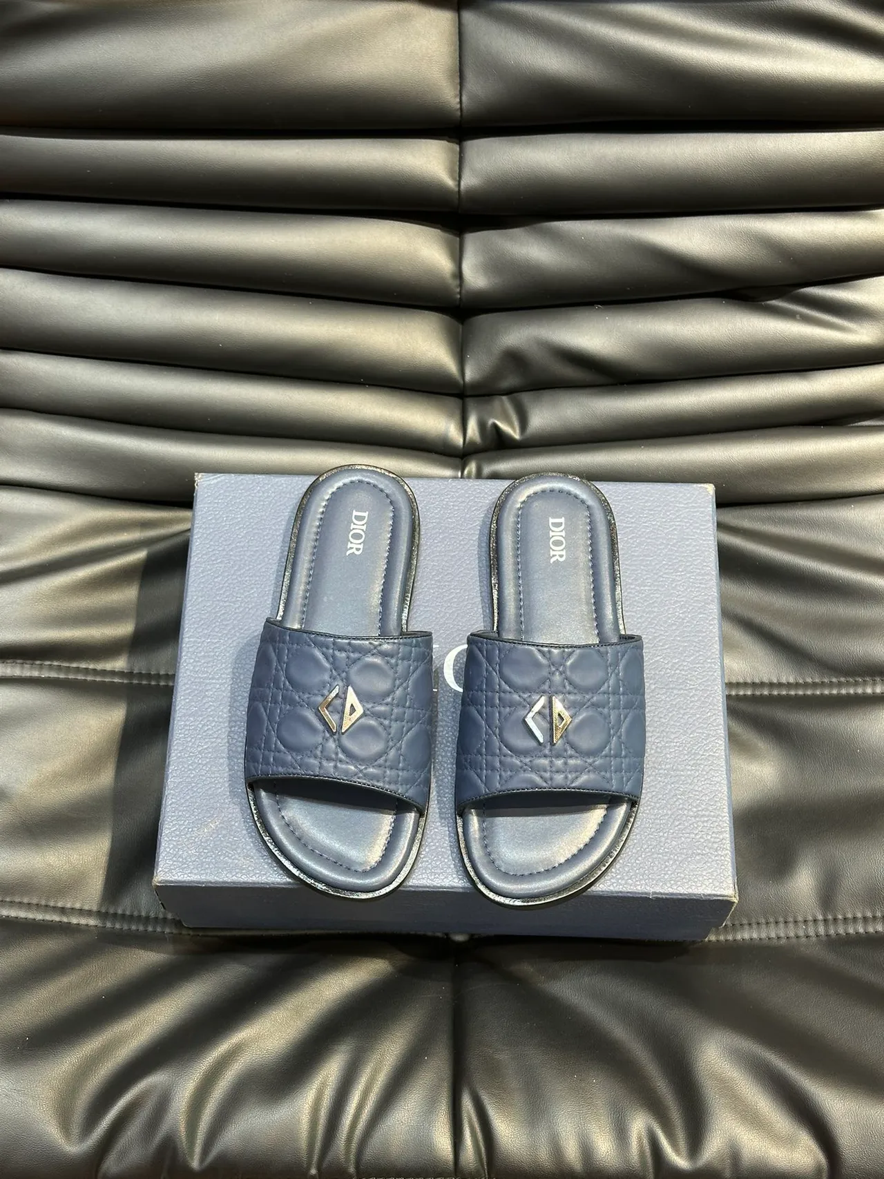Dior Slide Black Blue Quilted Cannage Leather Metallic CD Logo Slippers 6