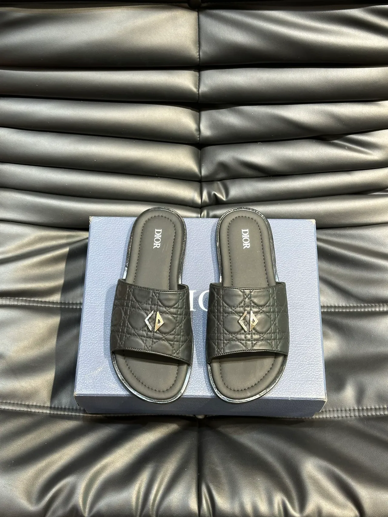 Dior Slide Black Blue Quilted Cannage Leather Metallic CD Logo Slippers 7
