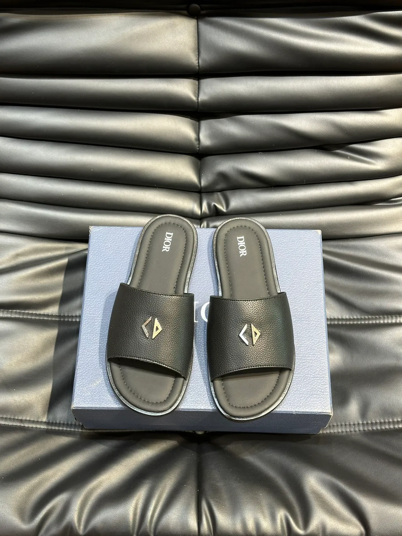 Dior Slide Black Blue Quilted Cannage Leather Metallic CD Logo Slippers 8