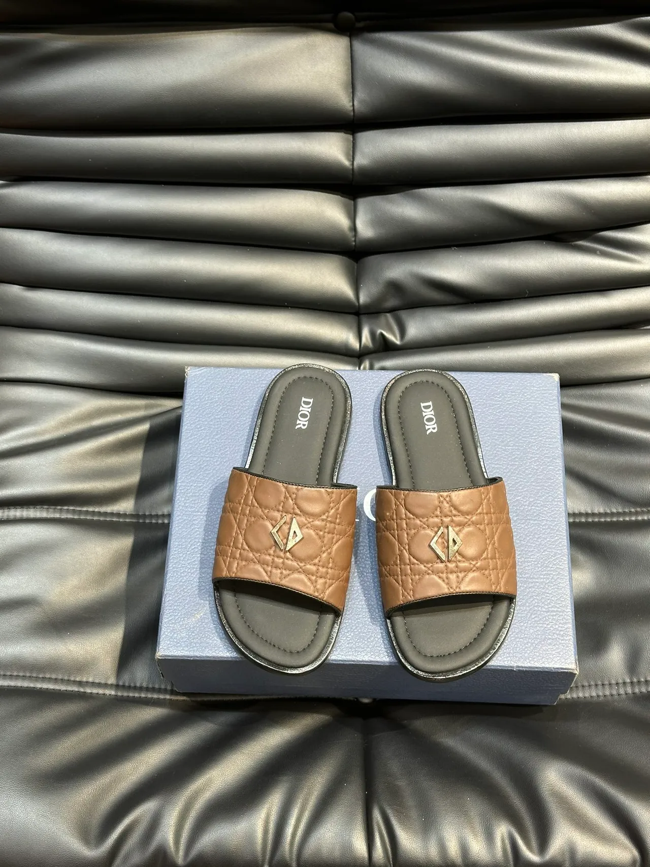 Dior Slide Black Blue Quilted Cannage Leather Metallic CD Logo Slippers 9