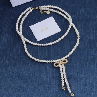 Dior White Gold Double-Strand Pearl Crystal-Embellished Bow Pendant Necklace