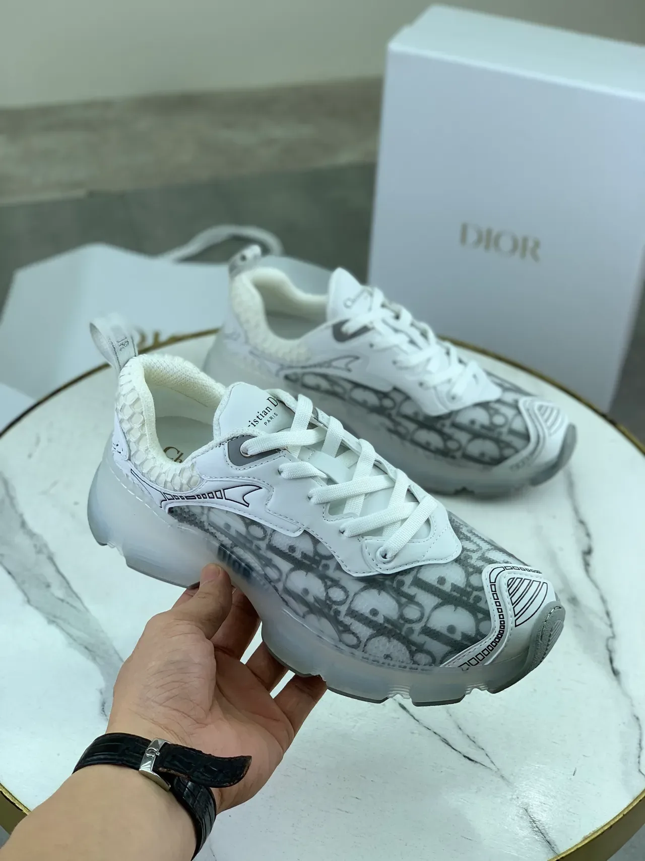 Dior White Gray Monogram-Print Overlay Translucent Midsole Window Chunky Sneakers 4