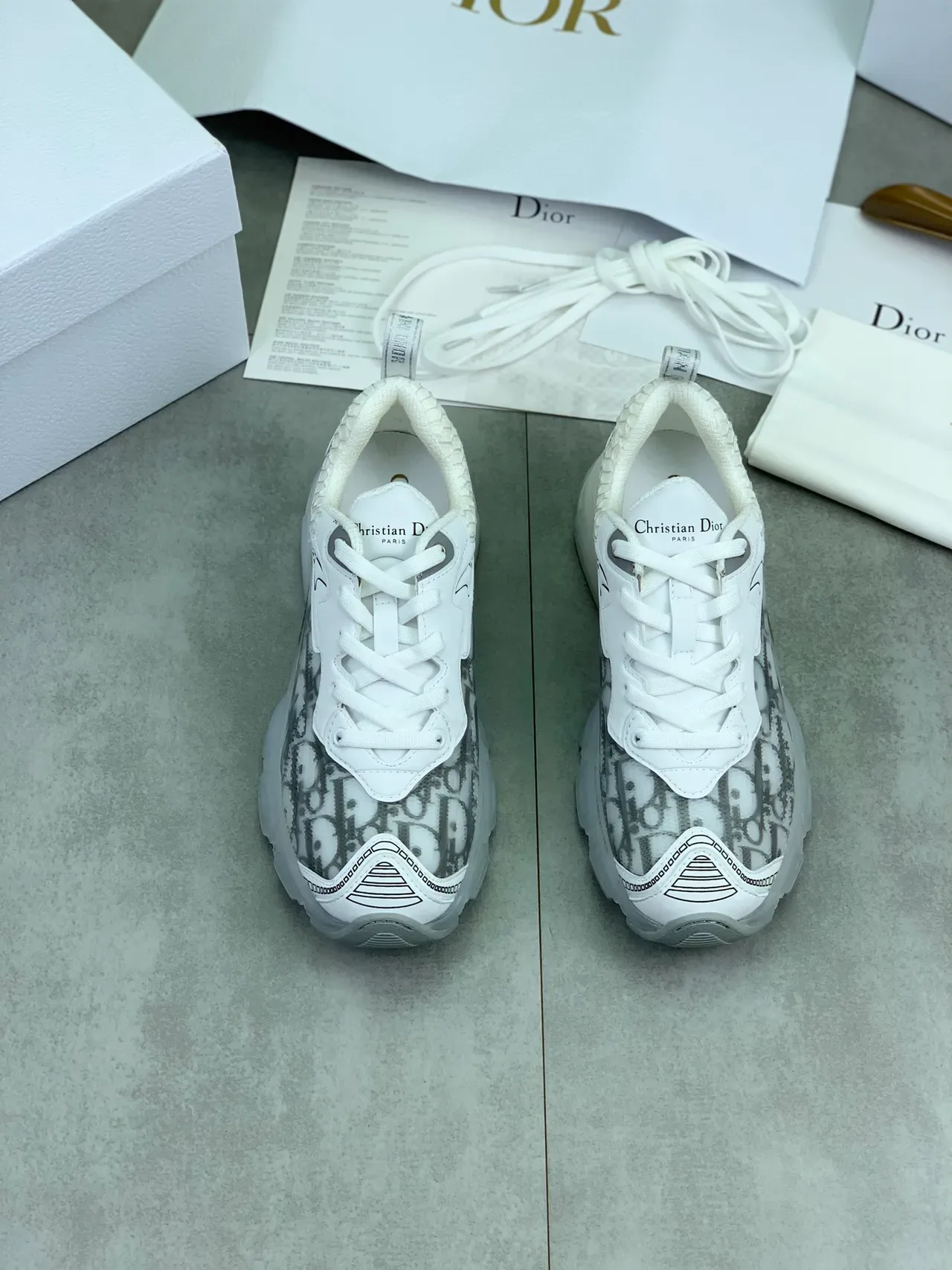 Dior White Gray Monogram-Print Overlay Translucent Midsole Window Chunky Sneakers 5