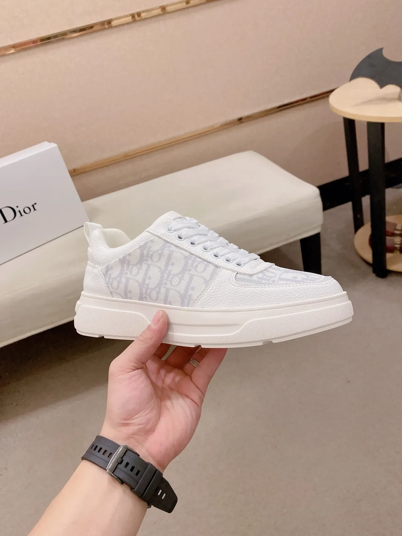 Dior White Gray Monogrammed Textile Textured Leather Overlays Chunky Sneakers 4