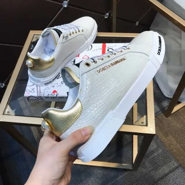 Dolce & Gabbana Bege Dourado Crocodilo embossado Couro superior Aba calcanhar Tênis lifestyle 4