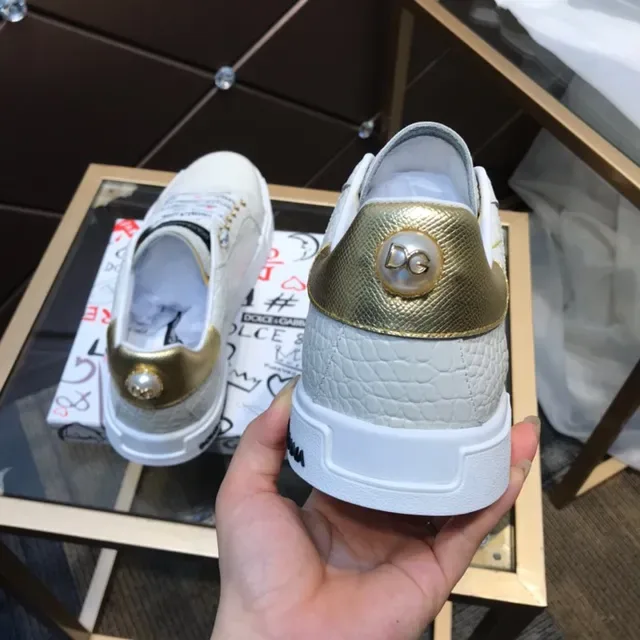 Dolce & Gabbana Bege Dourado Crocodilo embossado Couro superior Aba calcanhar Tênis lifestyle 6