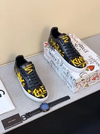 Dolce & Gabbana Noir Jaune Imprimé Graphique Cuir Clouté Talon Sneakers Lifestyle 2