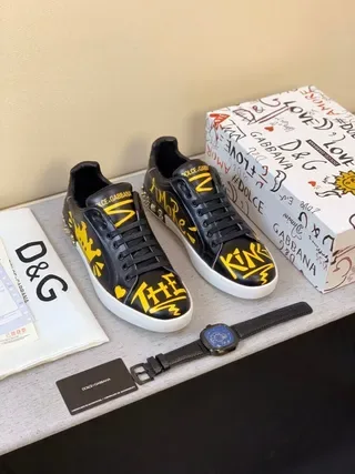 Dolce & Gabbana Noir Jaune Imprimé Graphique Cuir Clouté Talon Sneakers Lifestyle 3