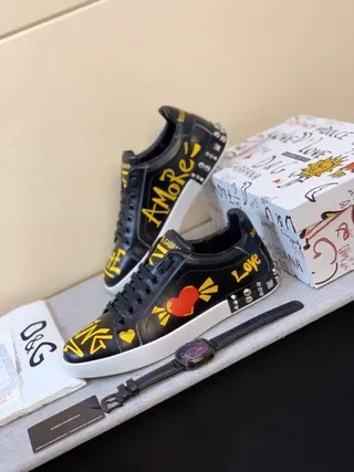 Dolce & Gabbana Noir Jaune Imprimé Graphique Cuir Clouté Talon Sneakers Lifestyle 4