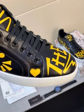 Dolce & Gabbana Noir Jaune Imprimé Graphique Cuir Clouté Talon Sneakers Lifestyle 5