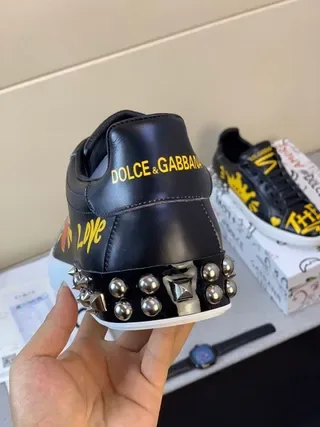 Dolce & Gabbana Noir Jaune Imprimé Graphique Cuir Clouté Talon Sneakers Lifestyle 6