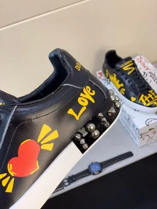 Dolce & Gabbana Noir Jaune Imprimé Graphique Cuir Clouté Talon Sneakers Lifestyle 7