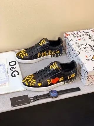 Dolce & Gabbana Noir Jaune Imprimé Graphique Cuir Clouté Talon Sneakers Lifestyle 8