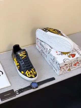 Dolce & Gabbana Noir Jaune Imprimé Graphique Cuir Clouté Talon Sneakers Lifestyle 9