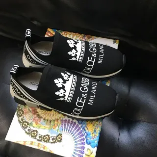 Dolce & Gabbana Portofino Black White Slip-On Knit Crown Logo Print Lifestyle Sneakers