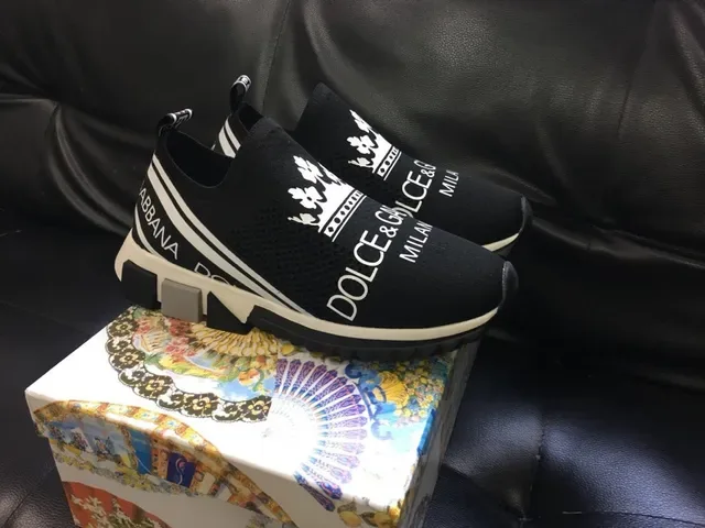 Dolce & Gabbana Portofino Noir Blanc Slip-On Tricot Couronne Impression Logo Style de Vie Sneakers 4