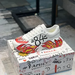 Dolce & Gabbana 白红 涂鸦印刷 火焰图案 厚底运动鞋