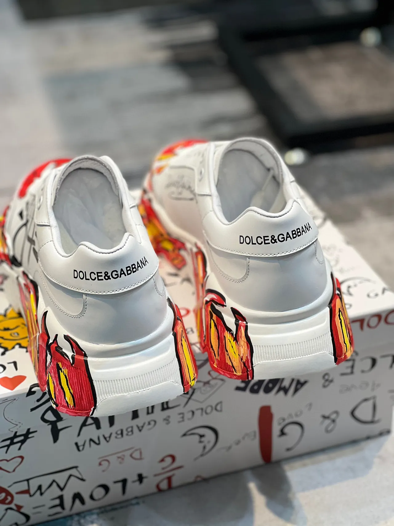 Dolce & Gabbana White Red Graffiti-Print Flame Motif Chunky Sneakers 2