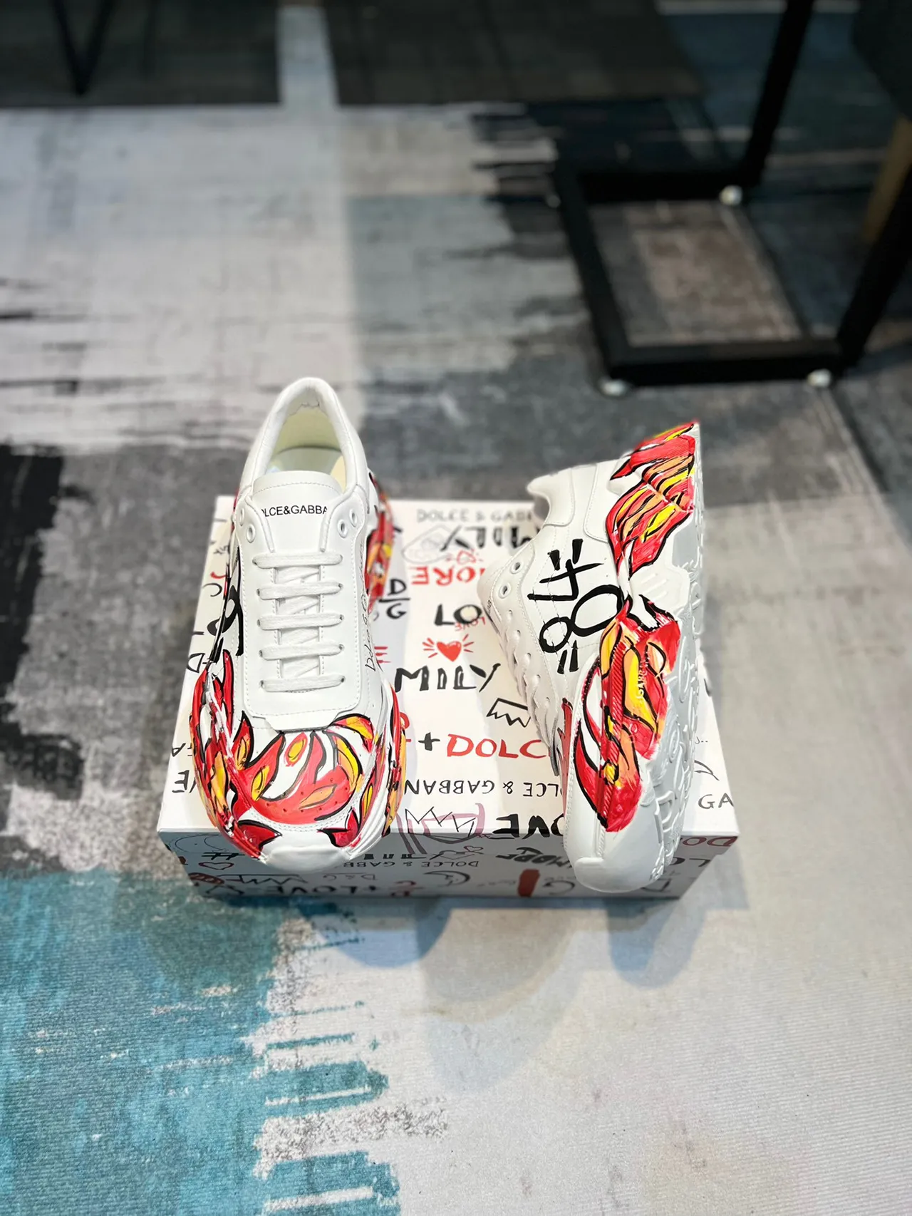 Dolce & Gabbana White Red Graffiti-Print Flame Motif Chunky Sneakers 4