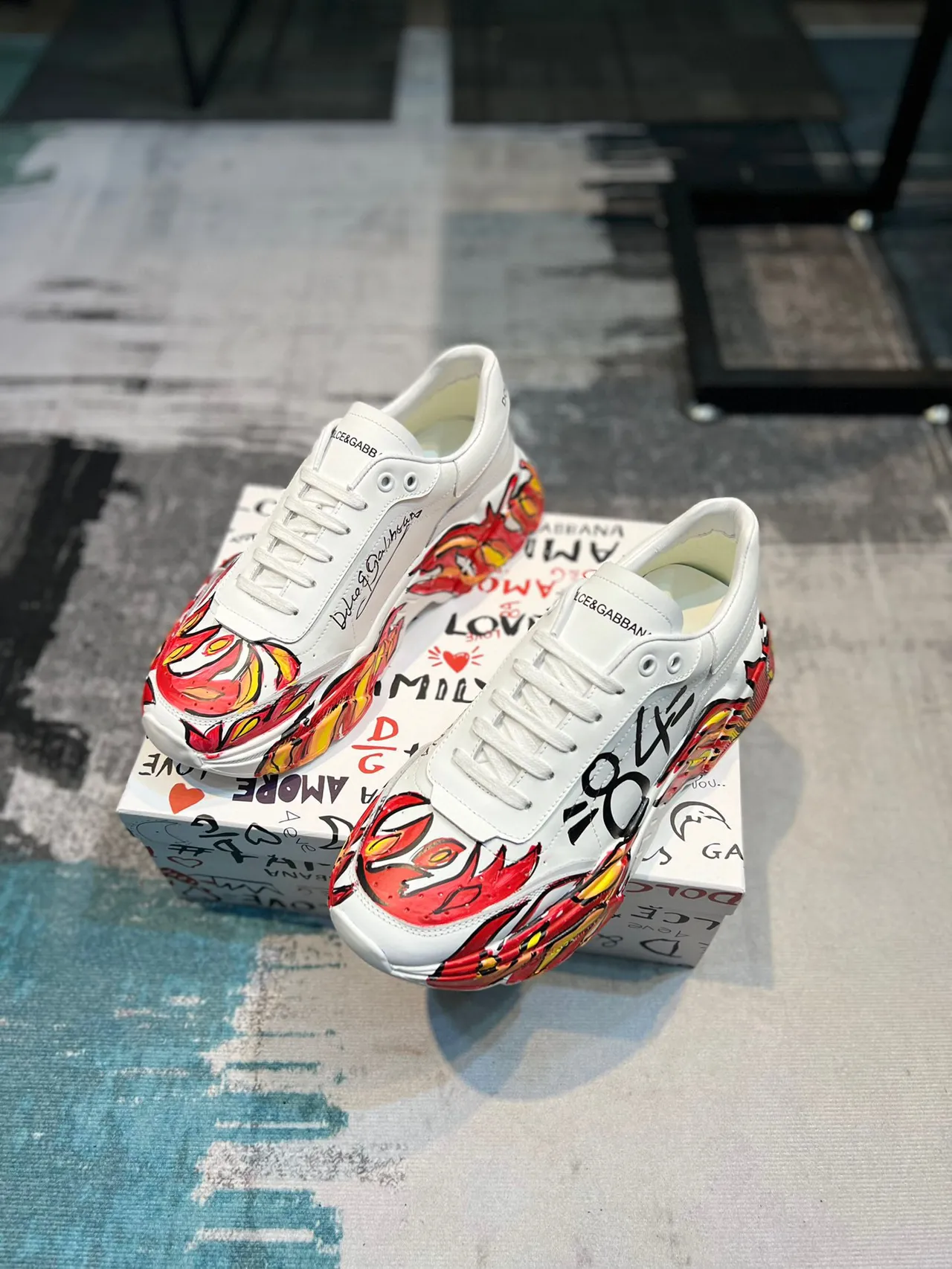 Dolce & Gabbana White Red Graffiti-Print Flame Motif Chunky Sneakers 5