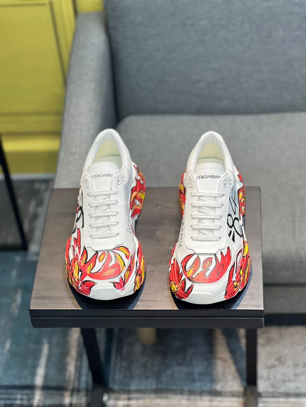 Dolce & Gabbana White Red Graffiti-Print Flame Motif Chunky Sneakers 6