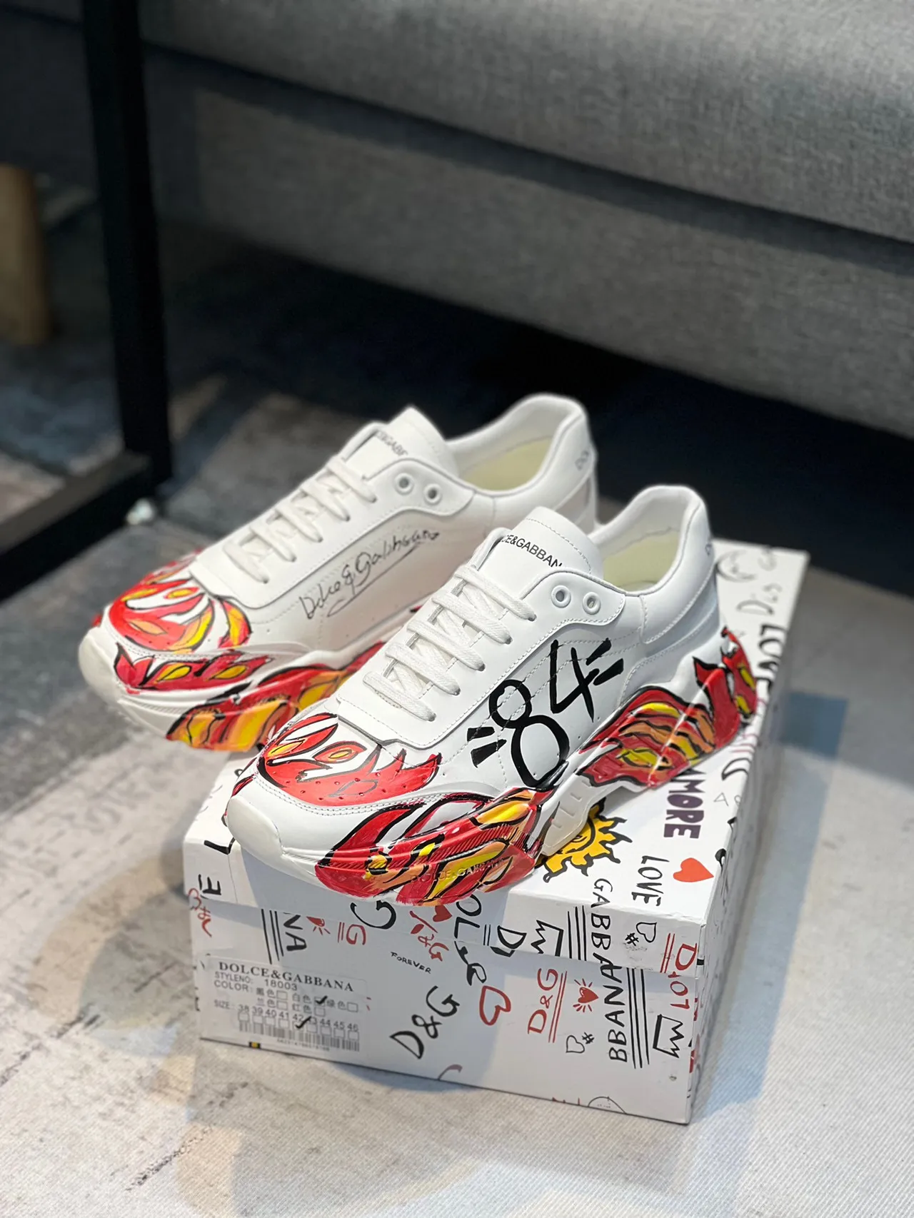 Dolce & Gabbana White Red Graffiti-Print Flame Motif Chunky Sneakers 7