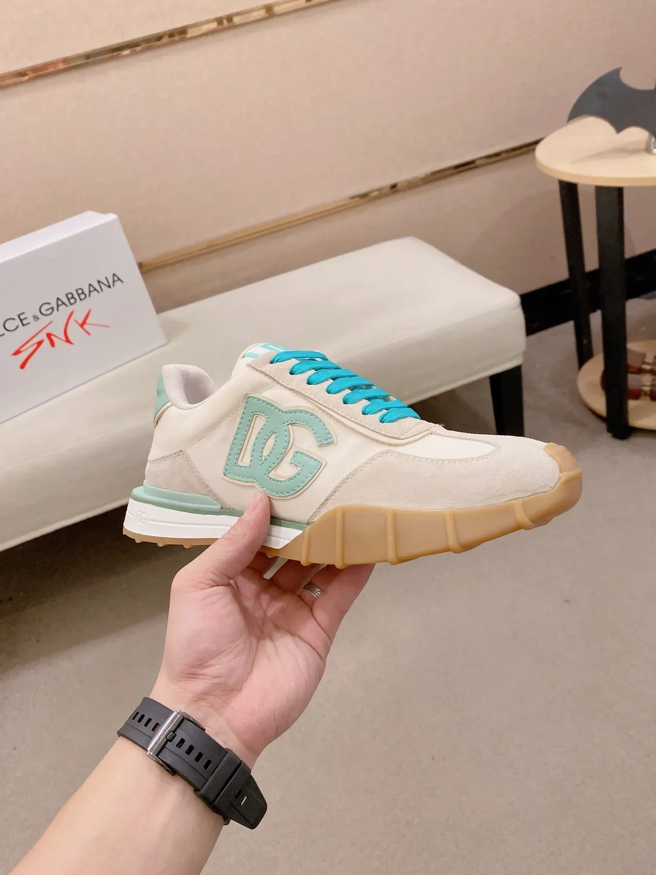 Dolce & Gabbana Beige Green Logo-Accented Suede-and-Textile Upper Sneakers 5