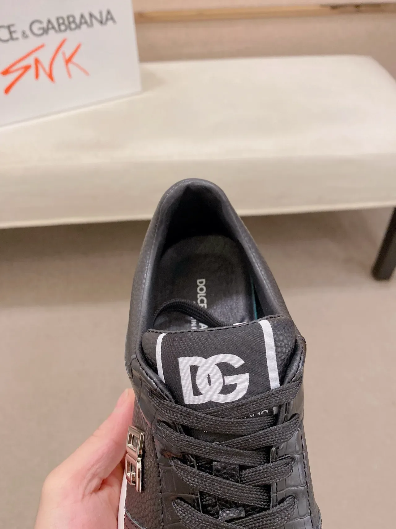 Dolce & Gabbana Black White Crocodile-Embossed Leather Metallic DG Logo Plaque Lifestyle Sneakers 4