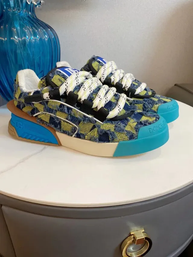 Dolce & Gabbana Blue Multicolor Denim-Plaid Upper Sculpted Multi-Color Sole Lifestyle Sneakers 1