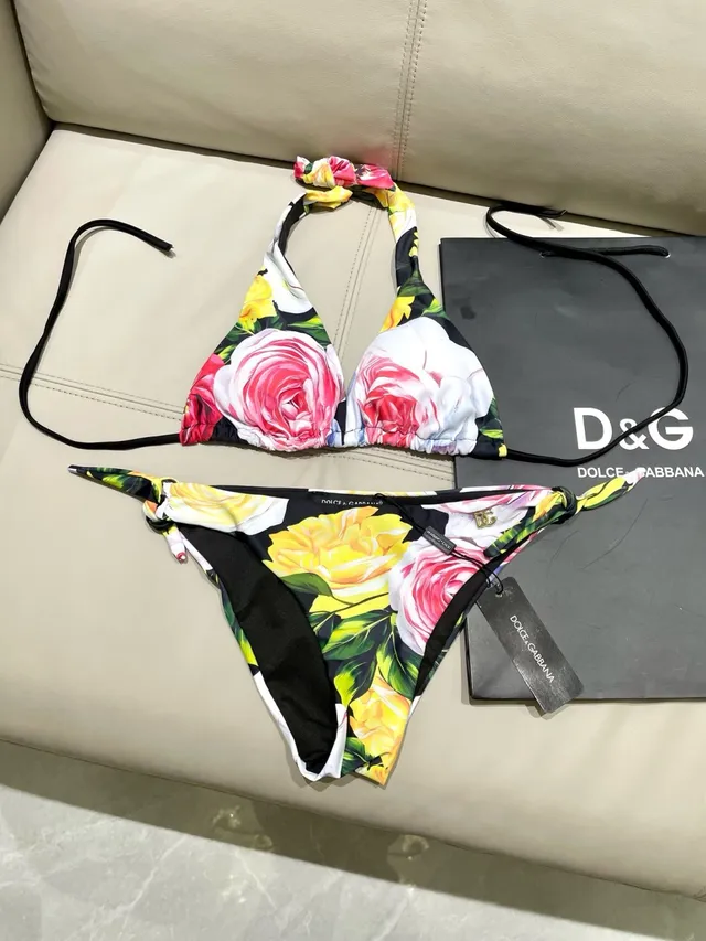 Dolce & Gabbana Multicolor Black Halter-Neck Top Tie-Side Bottoms Swimwear 10