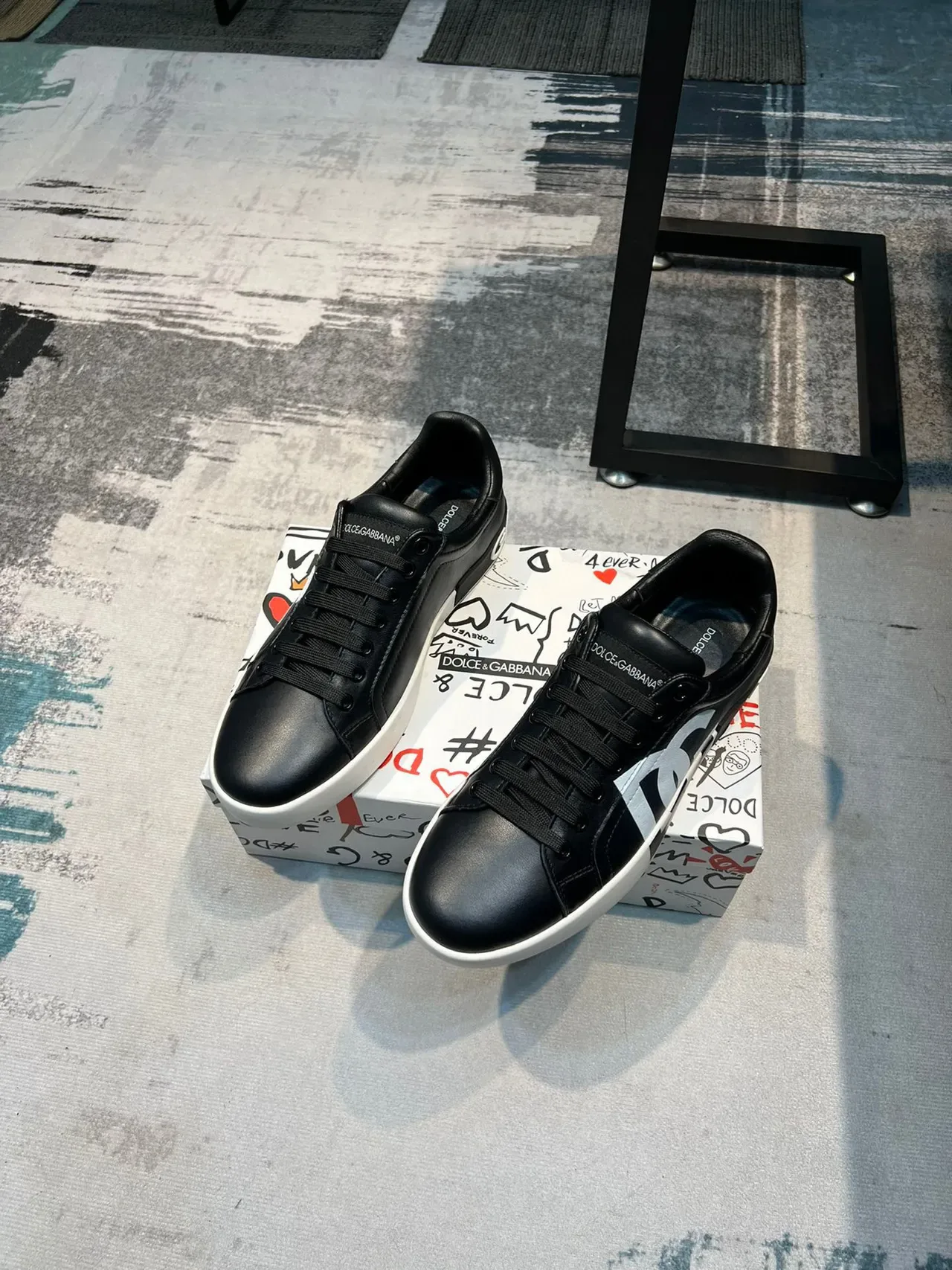 Dolce & Gabbana Portofino Black White Leather Upper Oversized Monogram Lifestyle Sneakers 3