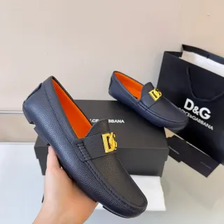 Dolce & Gabbana Portofino Navy Orange Pebbled Leather Gold DG Buckle Loafer